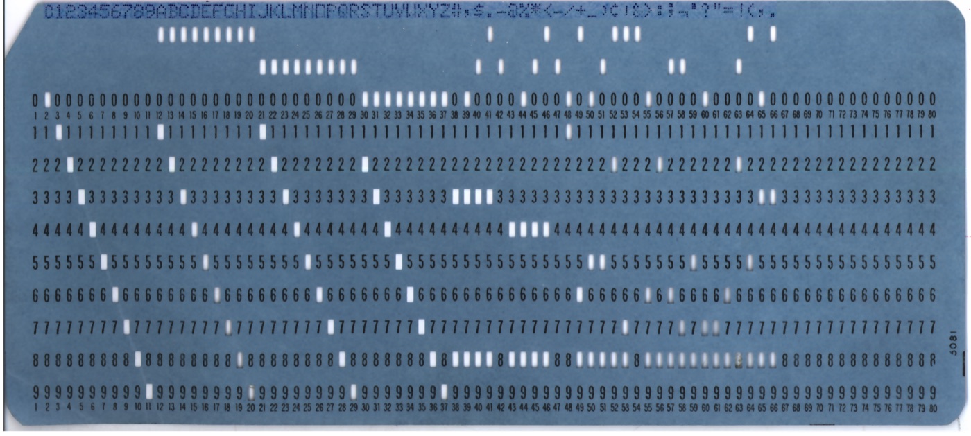 Blue IBM-style 80-column punch card with rectangular holes and printed characters along the top edge