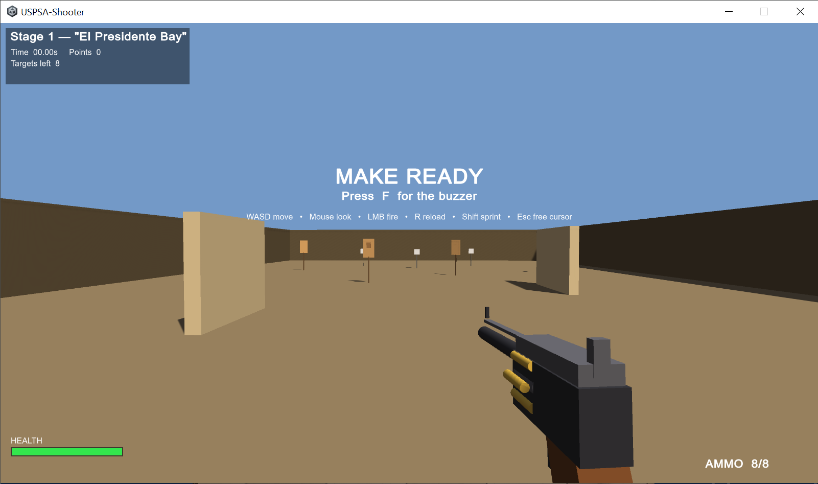 The Unity Windows USPSA shooter: a first-person view down a shooting bay with paper and steel targets, a pistol drawn, and a heads-up display showing time, points, targets left, health, and ammo, with a MAKE READY prompt.