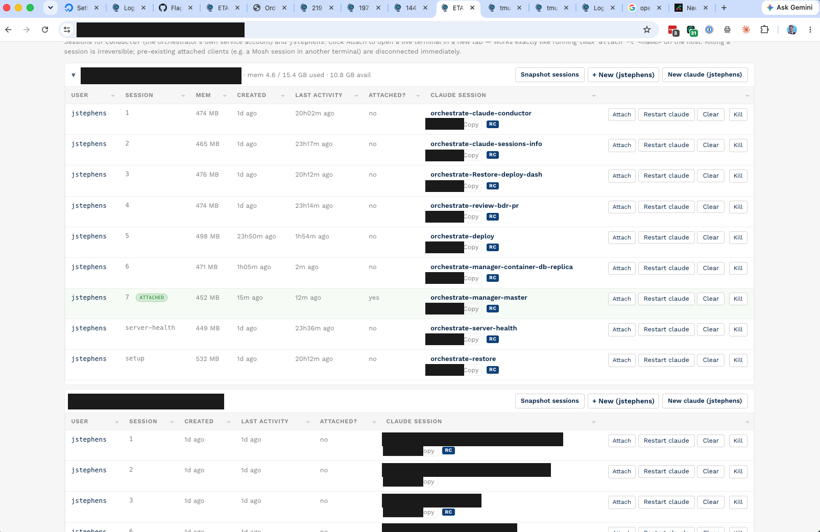 An agent-management dashboard listing live tmux sessions across two hosts, each row showing a Claude session name, memory use, last-activity time, and Attach / Restart / Clear / Kill controls. Hostnames, session IDs, and internal project names are redacted.