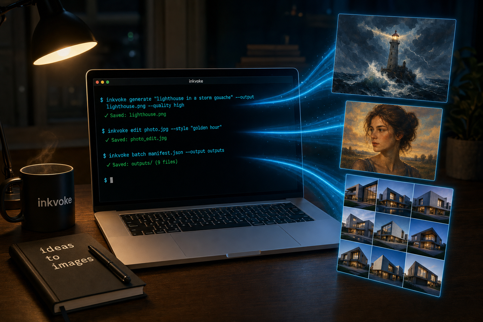 Product illustration of the inkvoke Go CLI: laptop terminal running inkvoke generate, edit, and batch, with floating lighthouse, portrait, and architecture outputs