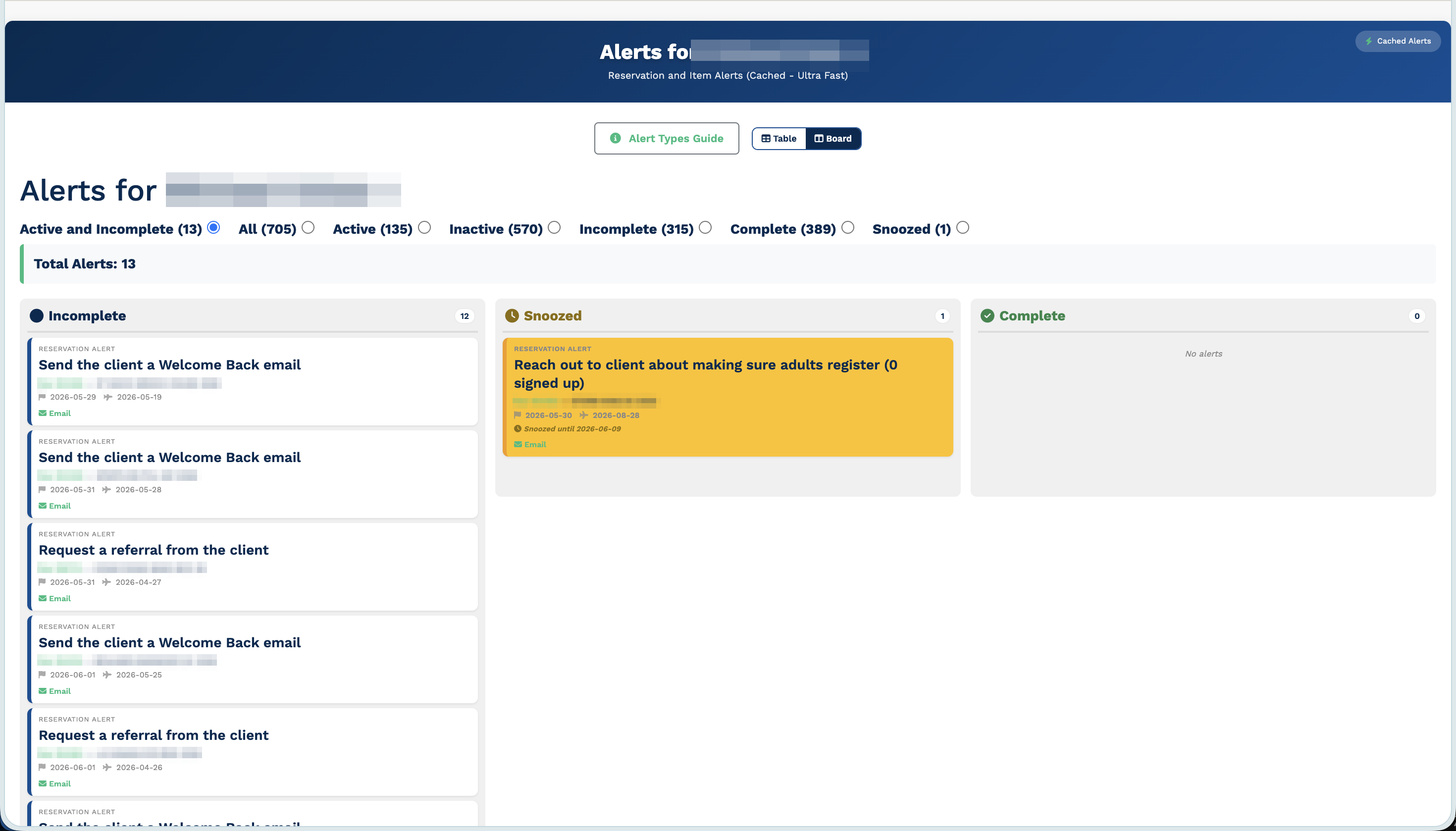 Tourbot pre-computed alerts board and table views