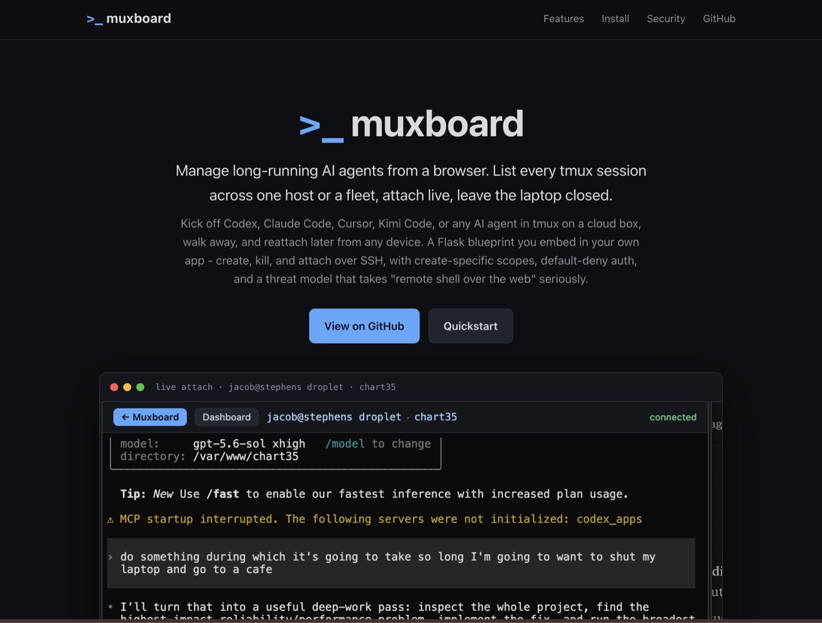 muxboard product site: live browser attach to a chart35 coding-agent session on jacob@stephens droplet