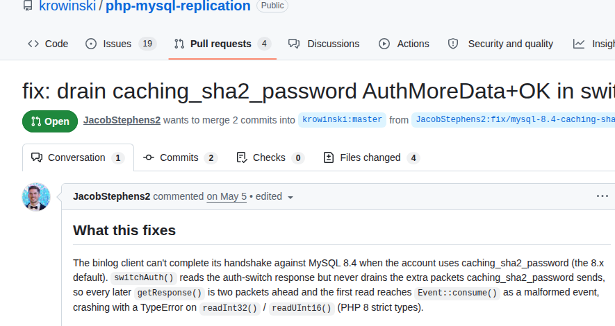Open-source pull request: MySQL 8.4 binlog auth fix
