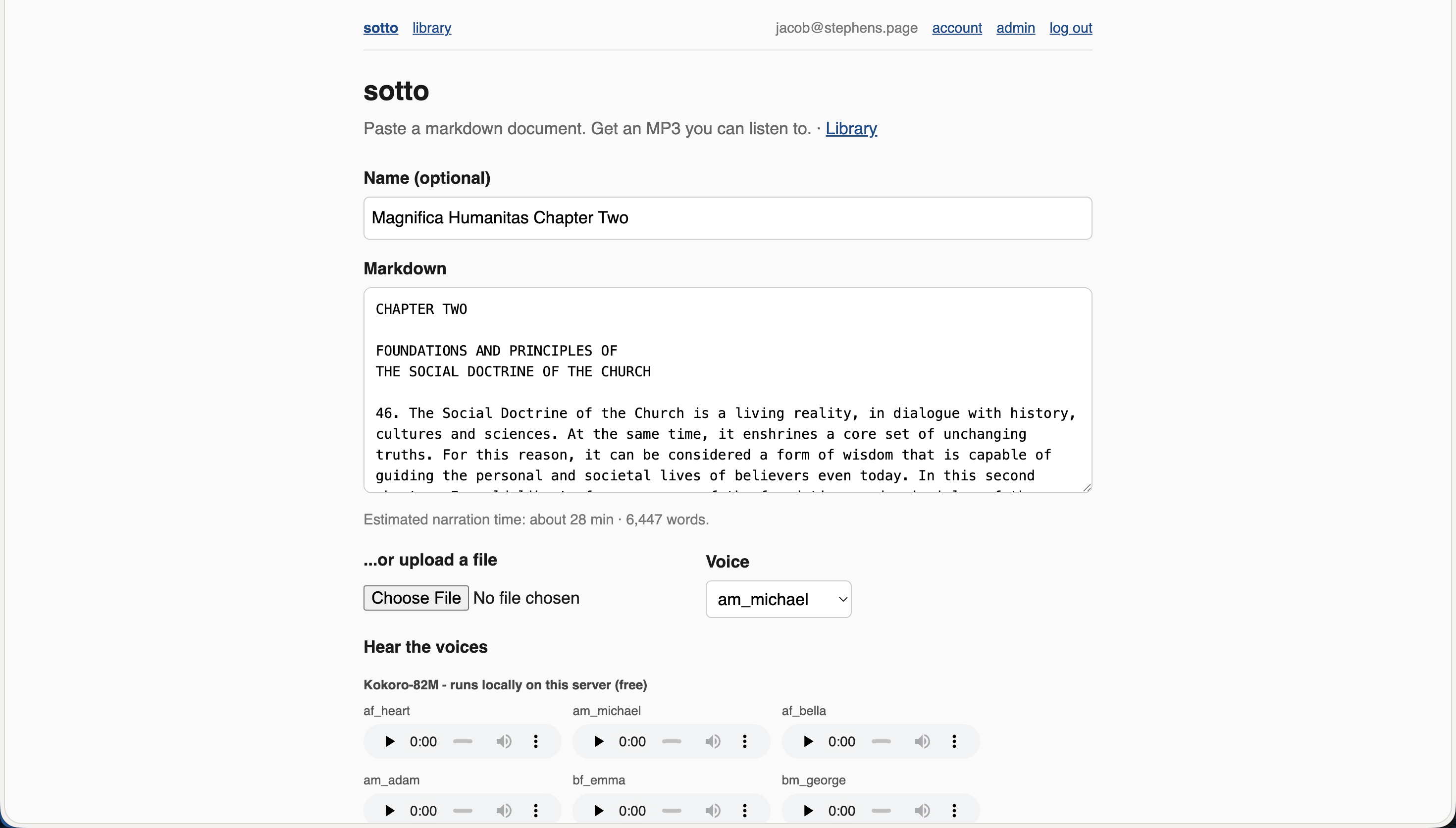 Sotto web app: a markdown input box, a voice selector, sample voice players, and a Convert to audio button