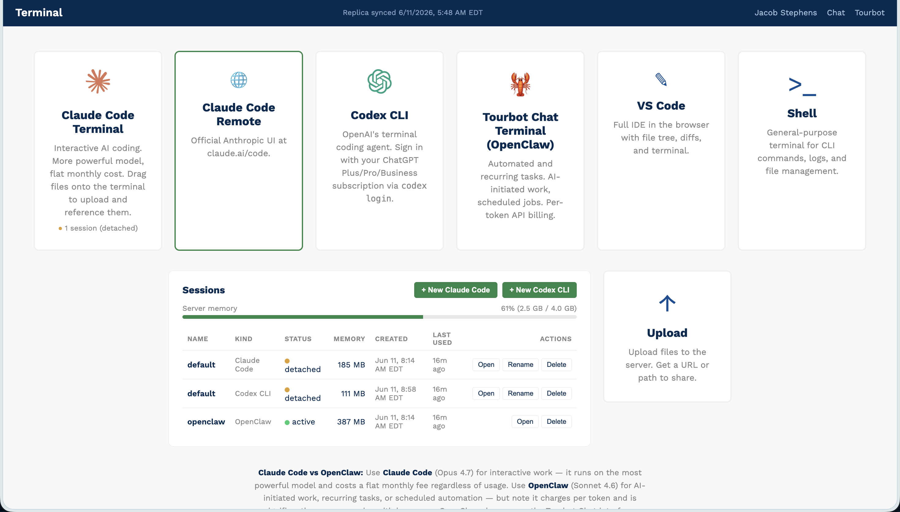 Tourbot Terminal: a browser hub of coding-agent session types with a cross-agent session manager